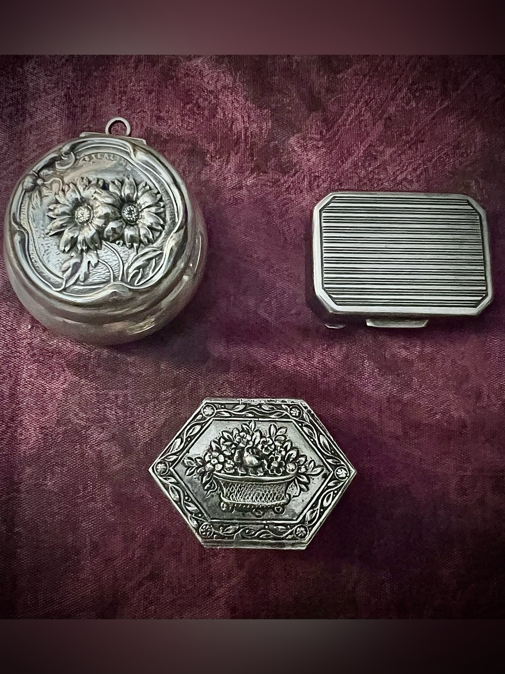 Lot of 3 Antique Solid Silver Boxes: Art Nouveau, Deco, Continental (c1890-1940)